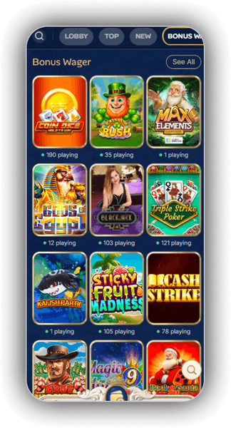 VillaSpin games grid with a Bonus Wager tab and live player counts