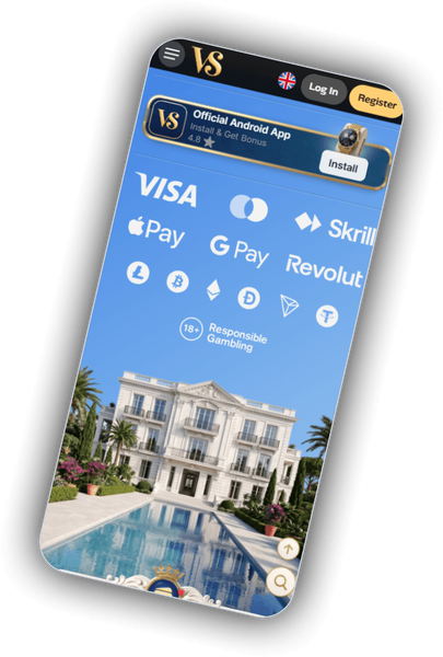 Payment options screen over a villa and pool image, with card, wallet and cryptocurrency logos