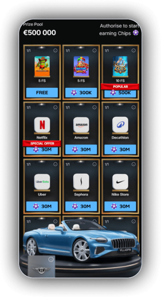 Premium Shop grid showing a 500,000 EUR prize pool and items priced in Chips
