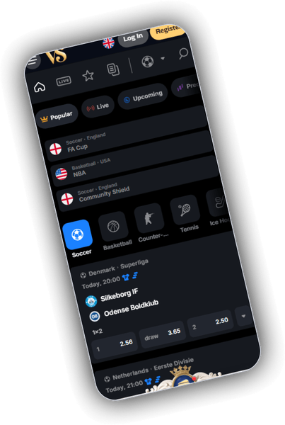 Sportsbook screen showing live matches, sport filters and betting odds